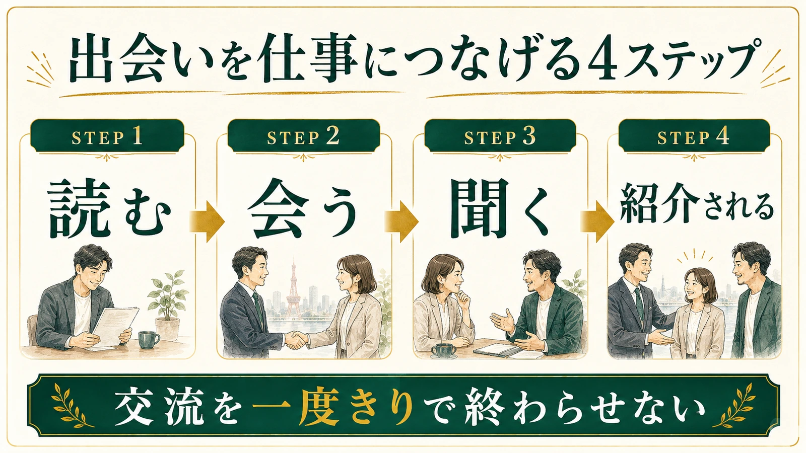 出会いを仕事につなげる4ステップを説明する図解