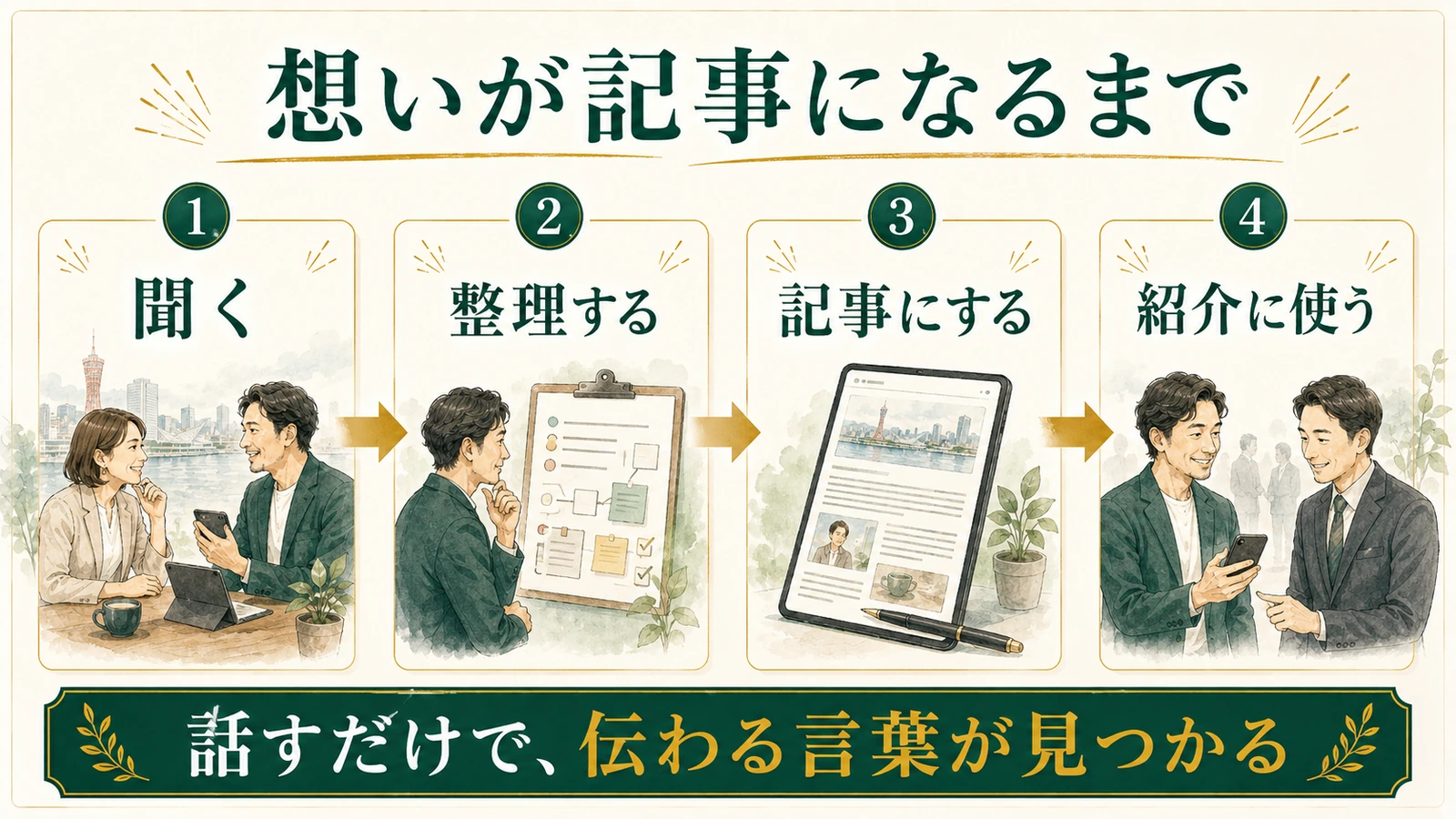 AIインタビューからストーリー記事ができる流れを説明する図解